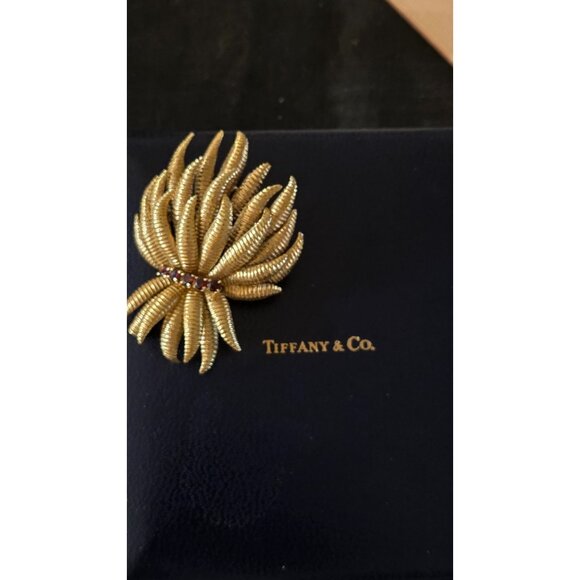 Tiffany & Co. 18K Gold Italian Brooch With Ruby Accents Elegant Floral Design Si - Picture 2 of 7